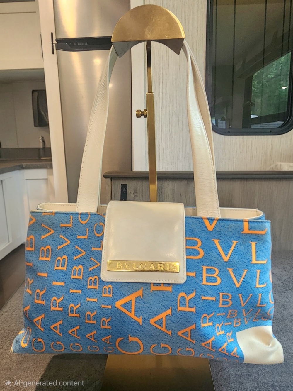 Bvlgari Cerulean & Orange Monogram Nylon and Ivory Leather Trim Bag